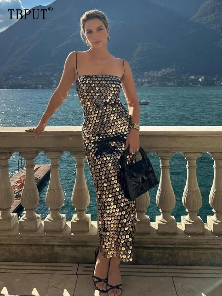 Elegant Sparkling Slim Sequin Dress Women High Quality Backless Spaghetti Strap Party Dresses 2023 New Chic Lady Long Vestidos